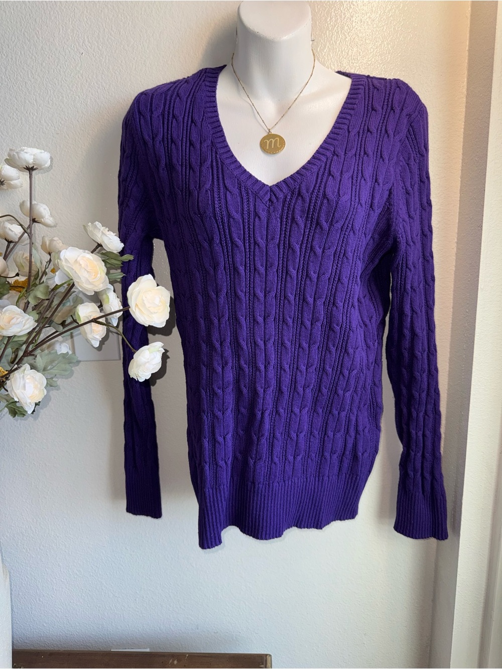 St. John's Bay Purple Cable Knit V-Neck Sweater